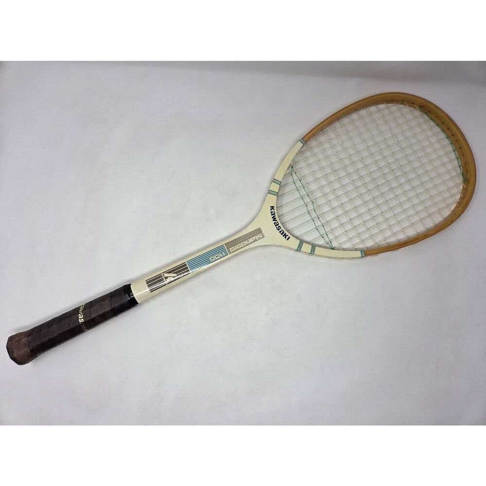 VINTAGE KAWASAKI SS-1100 TENNIS RACKET RACQUET CREAM BLUE WOODEN STANDARD 28"